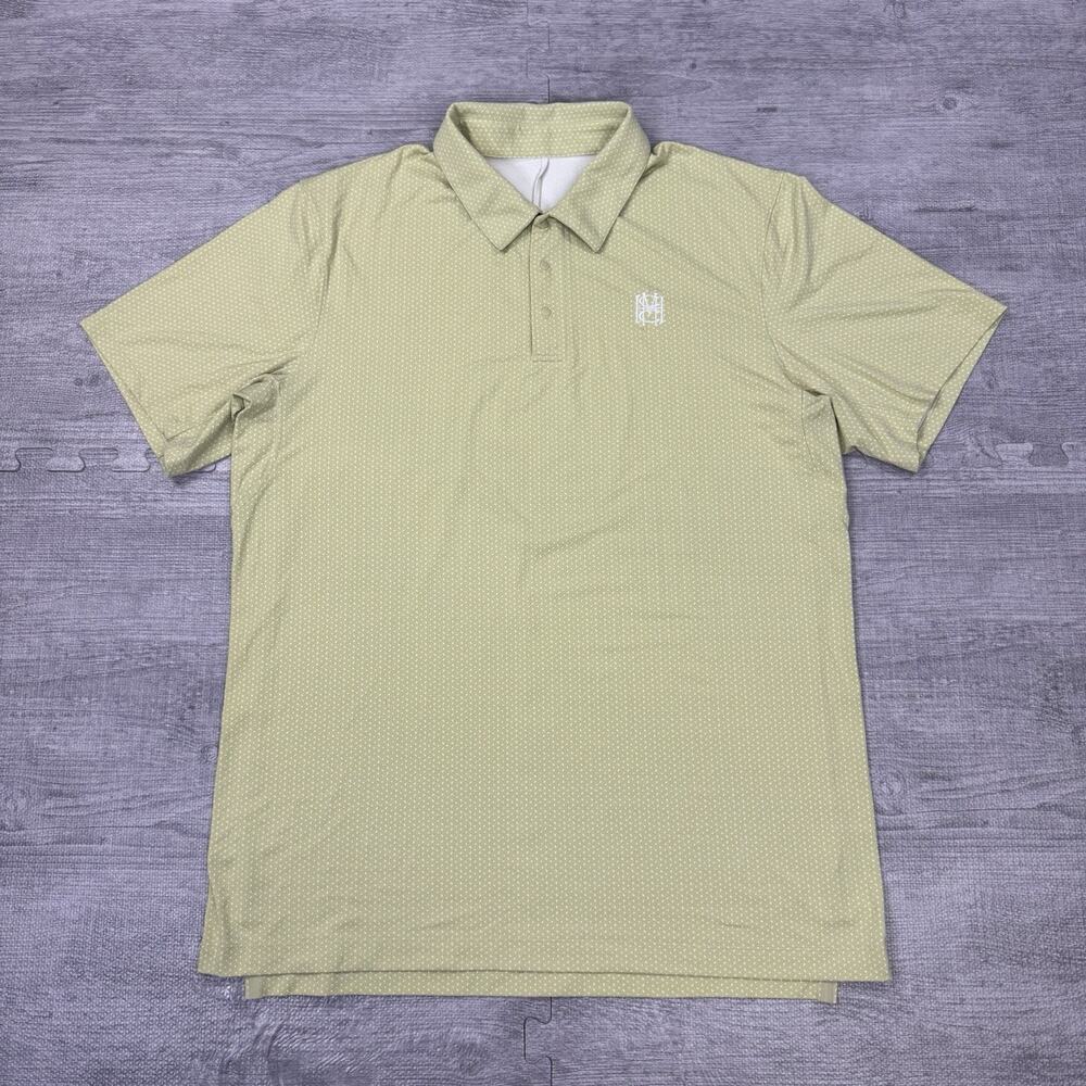 Lululemon Performance Golf Polo Sz L Mission Hills Country Club LOGO Preppy AOP